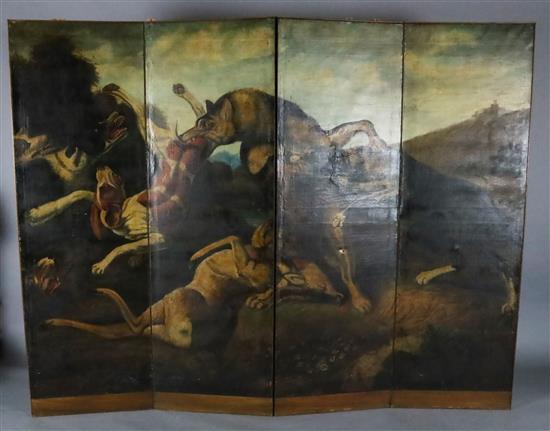 A mid 19th century four fold dressing screen, each panel W.1ft 11in. H.6ft